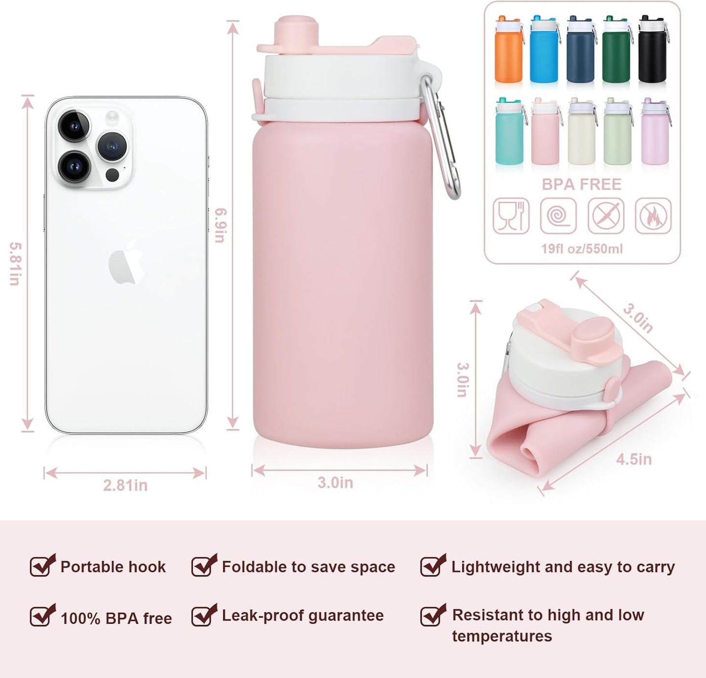 PLTCAT Collapsible Water Bottle, 19oz Foldable Bottle BPA Free Reusable Lightweight Leak-Proof Travel Silicone Water Bottle for Travel, Gym, Hiking, Office, Camping