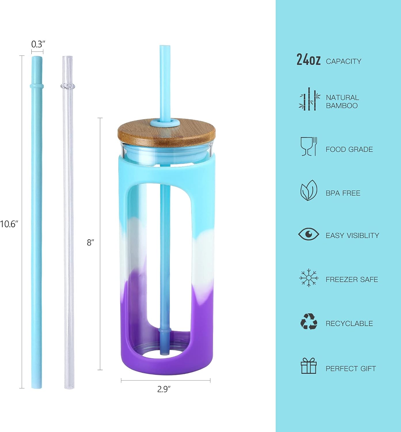 Kodrine 20oz Glass Water Tumbler with Straw and Lid, Bamboo Lids Water Bottle, Iced Coffee Cup Reusable, Wide Mouth Smoothie Cups with Protective Silicone Sleeve BPA FREE-Black - Colors A