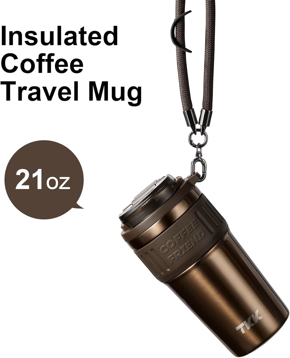TKK Insulated Coffee Mug with Ceramic Coating, 21oz Iced Coffee Tumbler Cup with Straw Lid Double Wall Vacuum Leak Proof Travel Mug with Strap for Hot and Iced Beverage, Tungsten Steel