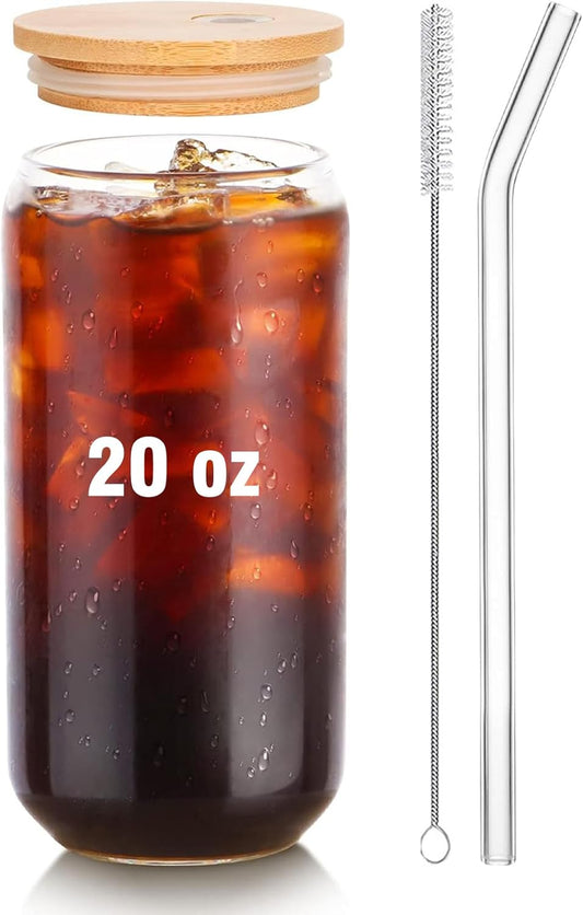 Glass Cups with Lids and Straws Set of 2 - Iced Coffee Cups with Lids for Cold Brew and Beer, 20 oz Can Shaped Glass with Bamboo Lids and Straws - Aesthetic Coffee Bar Gift for Coffee Lovers