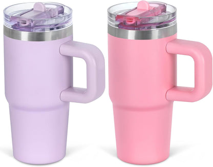 Cosictic 14 Oz Flip Straw Tumbler with Handle for Kids, Stainless Steel Double Wall Insulated Cup for Children with Flip Top Lid, 14 Oz Leak-proof Cups for Kids, Sky Blue and Purple