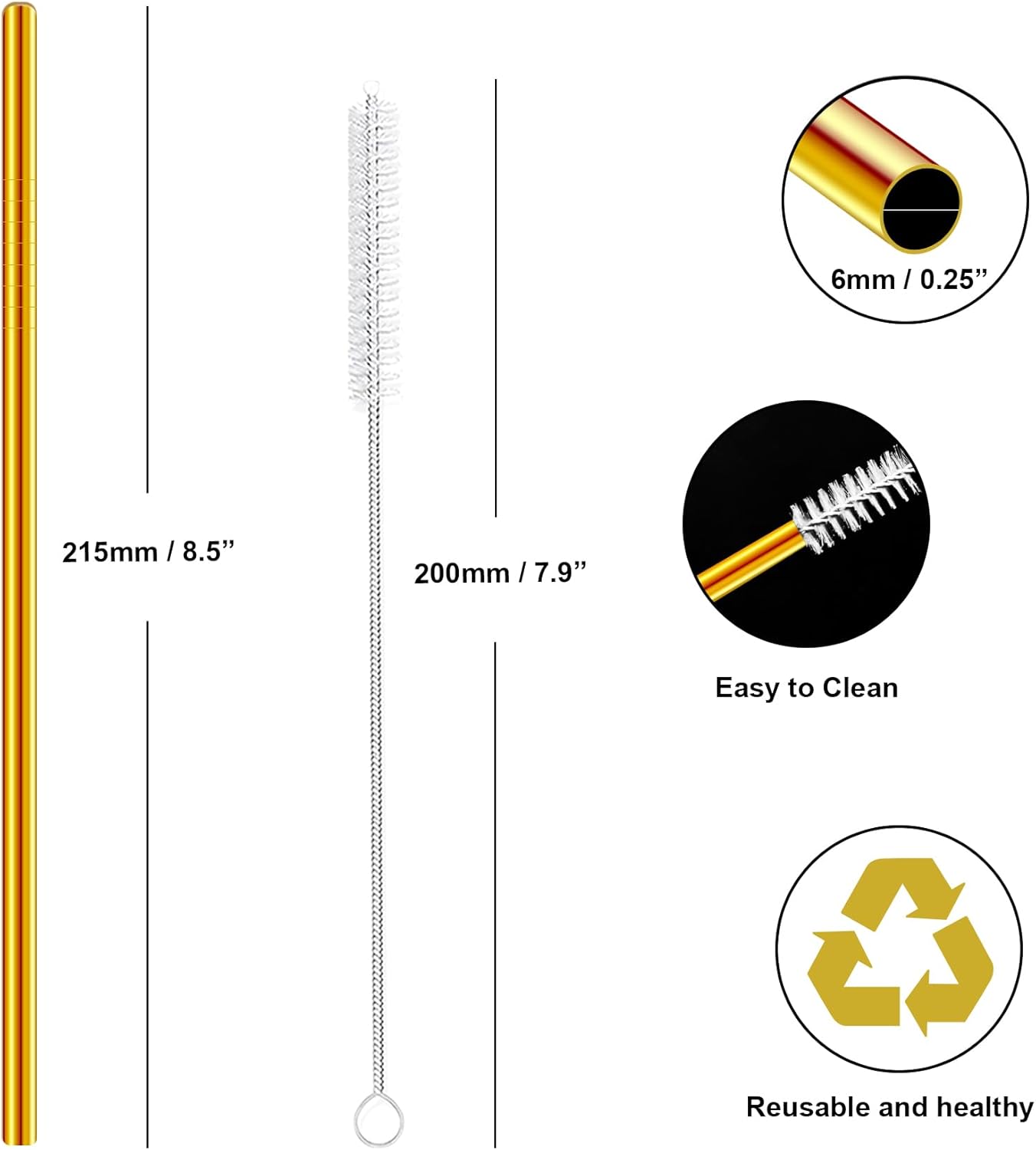 Stainless Steel Straws Metal Reusable Drinking Straw for Juice Iced Coffee Cold Beverage Water Highball Glasses 20oz Tumblers Mugs Cups, 0.24" 6mm Wide 215mm Long, Set of 8 with Brush, Silver