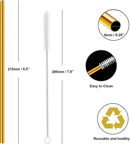 Stainless Steel Straws Metal Reusable Drinking Straw for Juice Iced Coffee Cold Beverage Water Highball Glasses 20oz Tumblers Mugs Cups, 0.24" 6mm Wide 215mm Long, Set of 8 with Brush, Silver