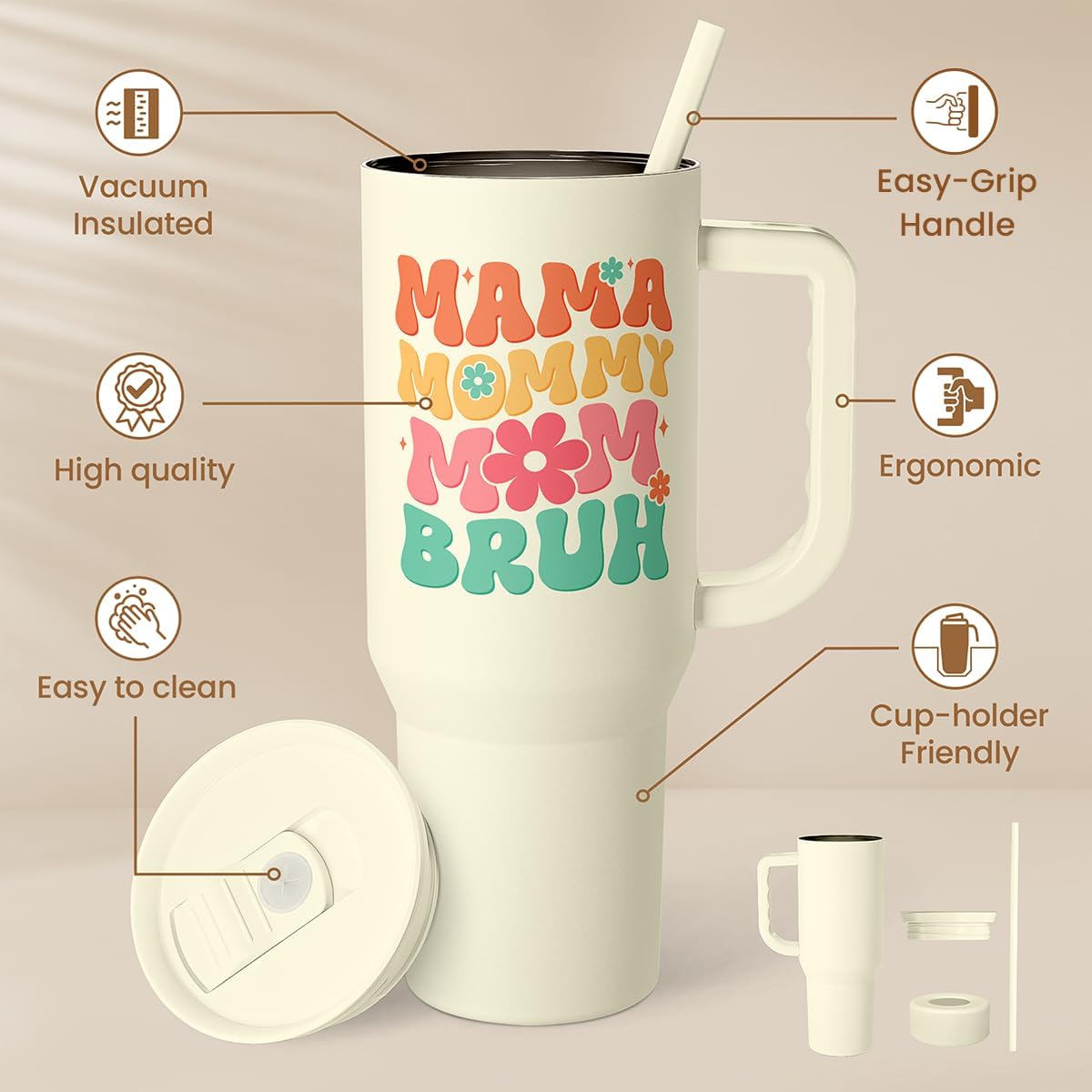 Floral Tumbler with Handle 40oz, Stainless Steel Insulated Tumblers Coffee Travel Mug Cup with Straw, Flower Coffee Cup Gifts for Women Girls, Gift for Her on Christmas Birthday Mothers Day