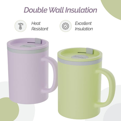 Copco Iconic 16oz Double Wall Insulated Desk Mug with Lid & Handle, Set of 2, BPA-Free Reusable Plastic, Spill-Resistant, Microwave & Dishwasher Safe, Wide Mouth (Grey)