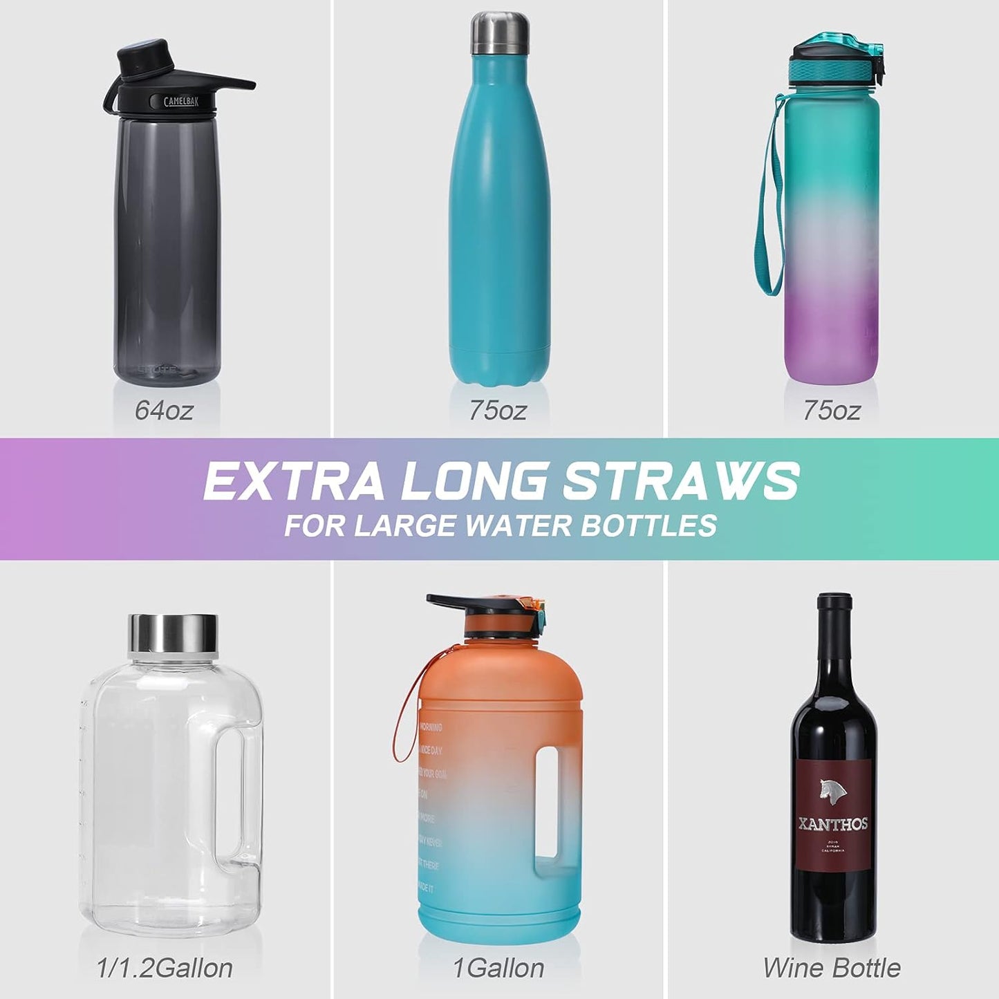 12 Pack Extra Long 14.5 inch Reusable Silicone Straws for Stanley 40 oz Tumbler 1 Gallon 128 75 64 OZ Tumbler, Large Water Bottle -Wine Bottle - Flexible Drinking Straws with 2 Cleaning Brushes