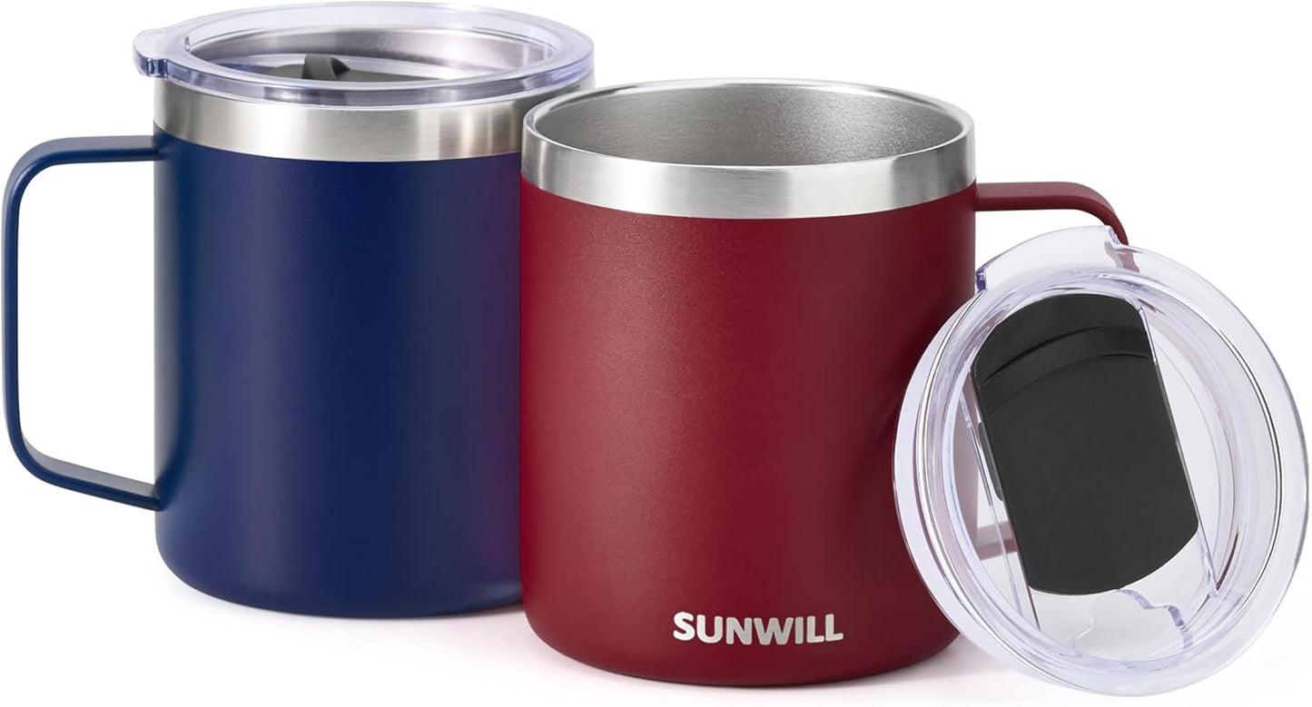 SUNWILL Travel Coffee Mug with Lid, Insulated Tumbler with Handle, 14 oz Stainless Steel Cup for Ice, Water, Tea, Rose Gold