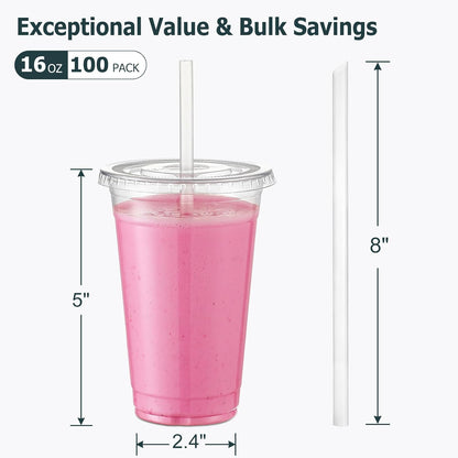 AOZITA [100 Sets] 16 oz Clear Plastic Cups With Lids and Straws, Disposable Cups With Lids for Iced Coffee, Smoothie, Milkshake and Cold Drinks (New-16-100)