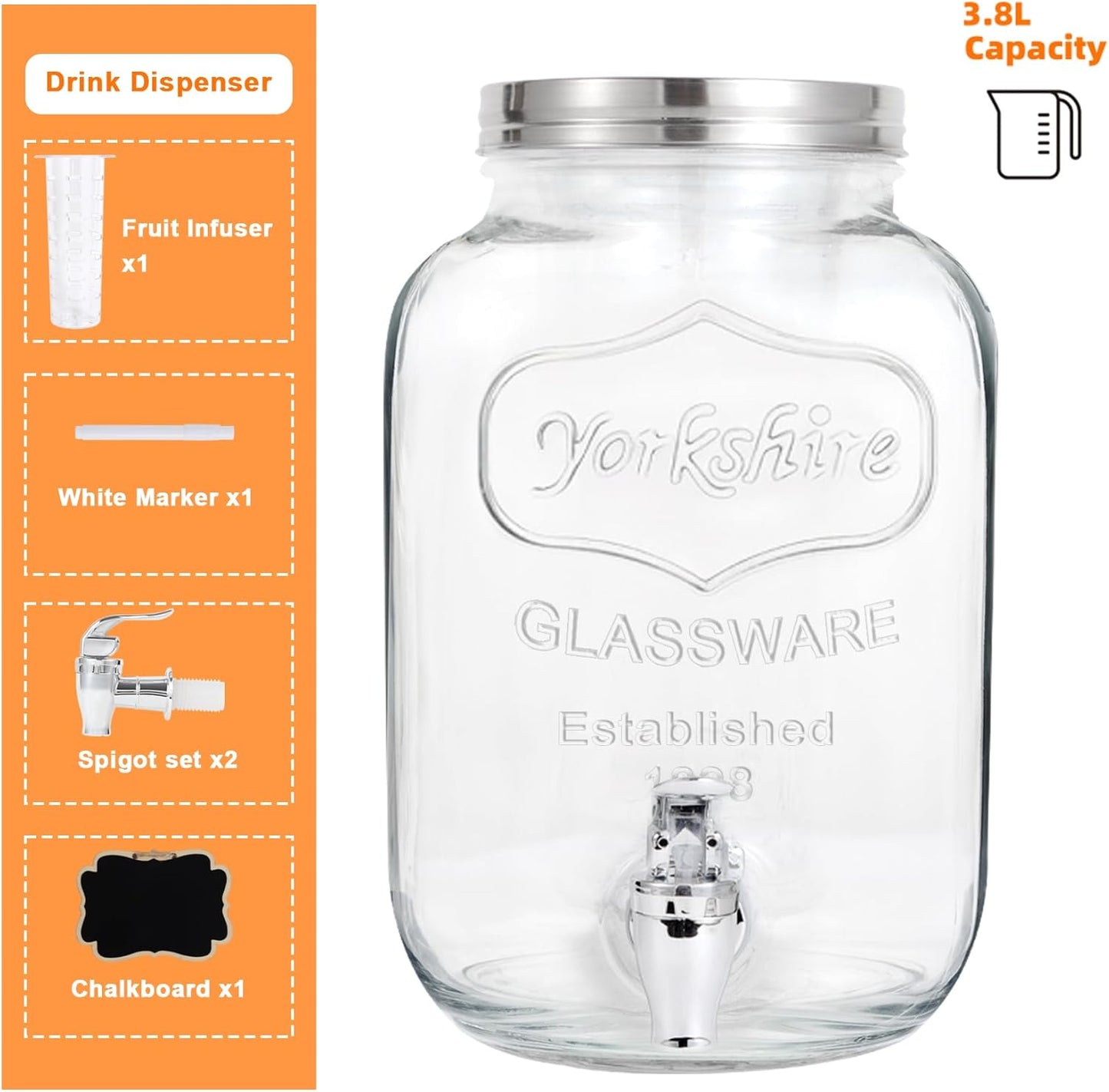 1 Gallon Glass Drink Dispensers For Parties-Set of 2,Drink Dispenser with Fruit Infuser & Stand,Juice or Beverage Dispenser for BBQ, Picnic, Party,Laundry Detergent Dispenser