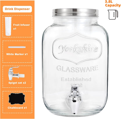 1 Gallon Glass Drink Dispensers For Parties-Set of 2,Drink Dispenser with Fruit Infuser & Stand,Juice or Beverage Dispenser for BBQ, Picnic, Party,Laundry Detergent Dispenser