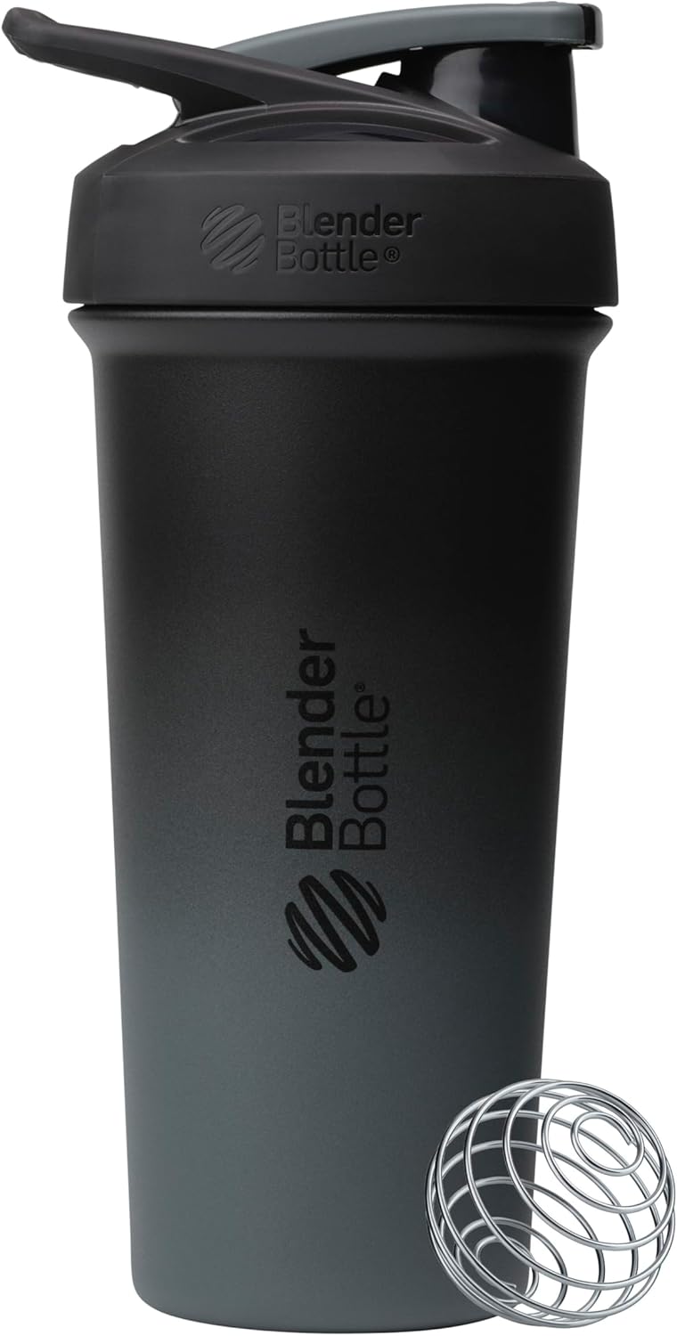 BlenderBottle Strada Shaker Cup Insulated Stainless Steel Water Bottle with Wire Whisk, 24-Ounce, White