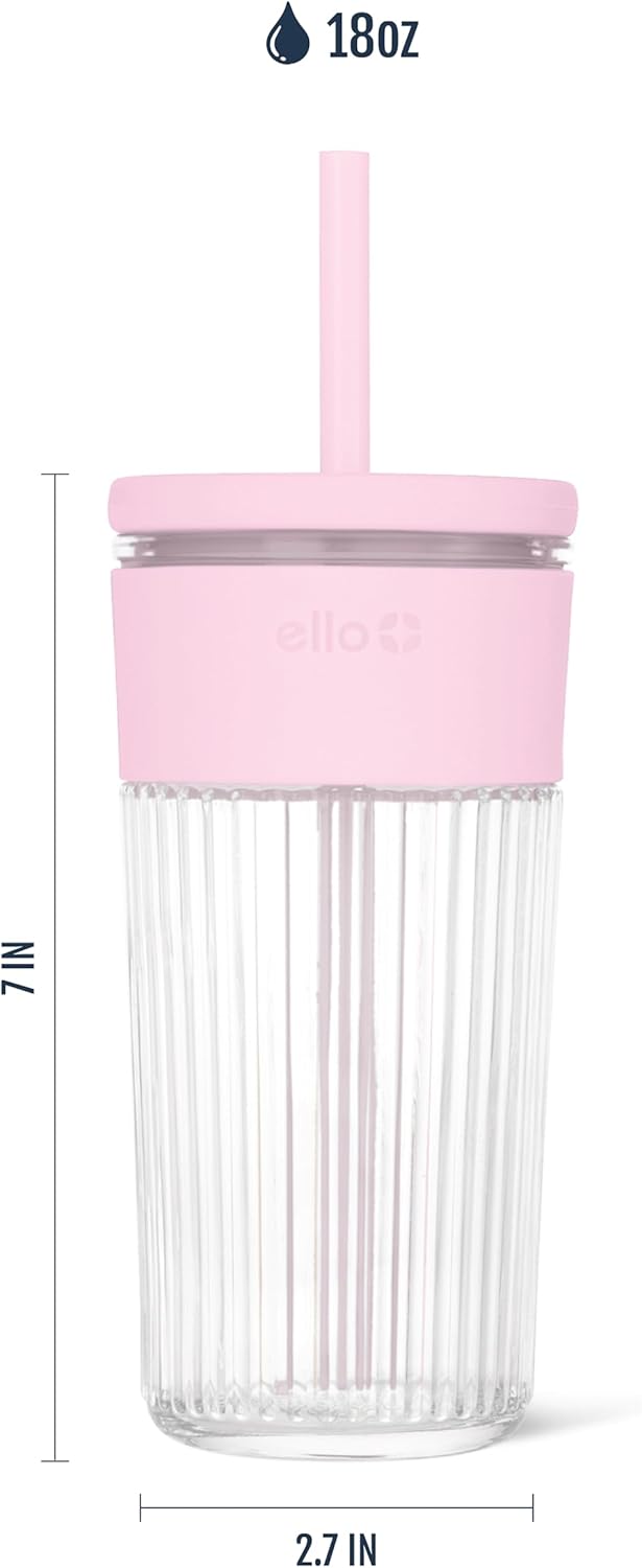 Ello Devon Glass Tumbler , Protective No Sweat Silicone Sleeve and Splash Proof Wooden Detail Lid with Straw, 18 oz