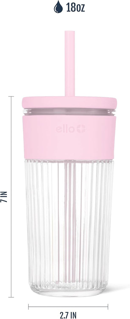 Ello Devon Glass Tumbler , Protective No Sweat Silicone Sleeve and Splash Proof Wooden Detail Lid with Straw, 18 oz