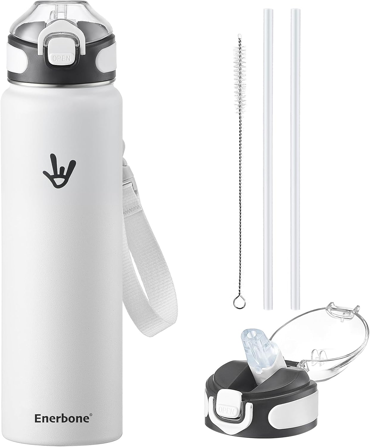 Enerbone 24 oz Insulated Water Bottle, Stainless Steel Bottle with Carrying Strap, Double-Wall Vacuum Insulation Design, Leakproof Sports Bottle with Straw, Keep Drinks Cold or Hot for Hours