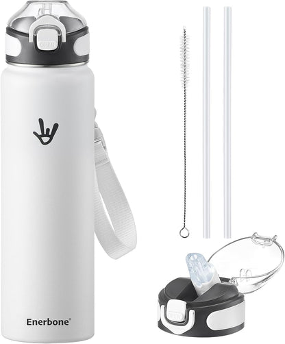 Enerbone 24 oz Insulated Water Bottle, Stainless Steel Bottle with Carrying Strap, Double-Wall Vacuum Insulation Design, Leakproof Sports Bottle with Straw, Keep Drinks Cold or Hot for Hours