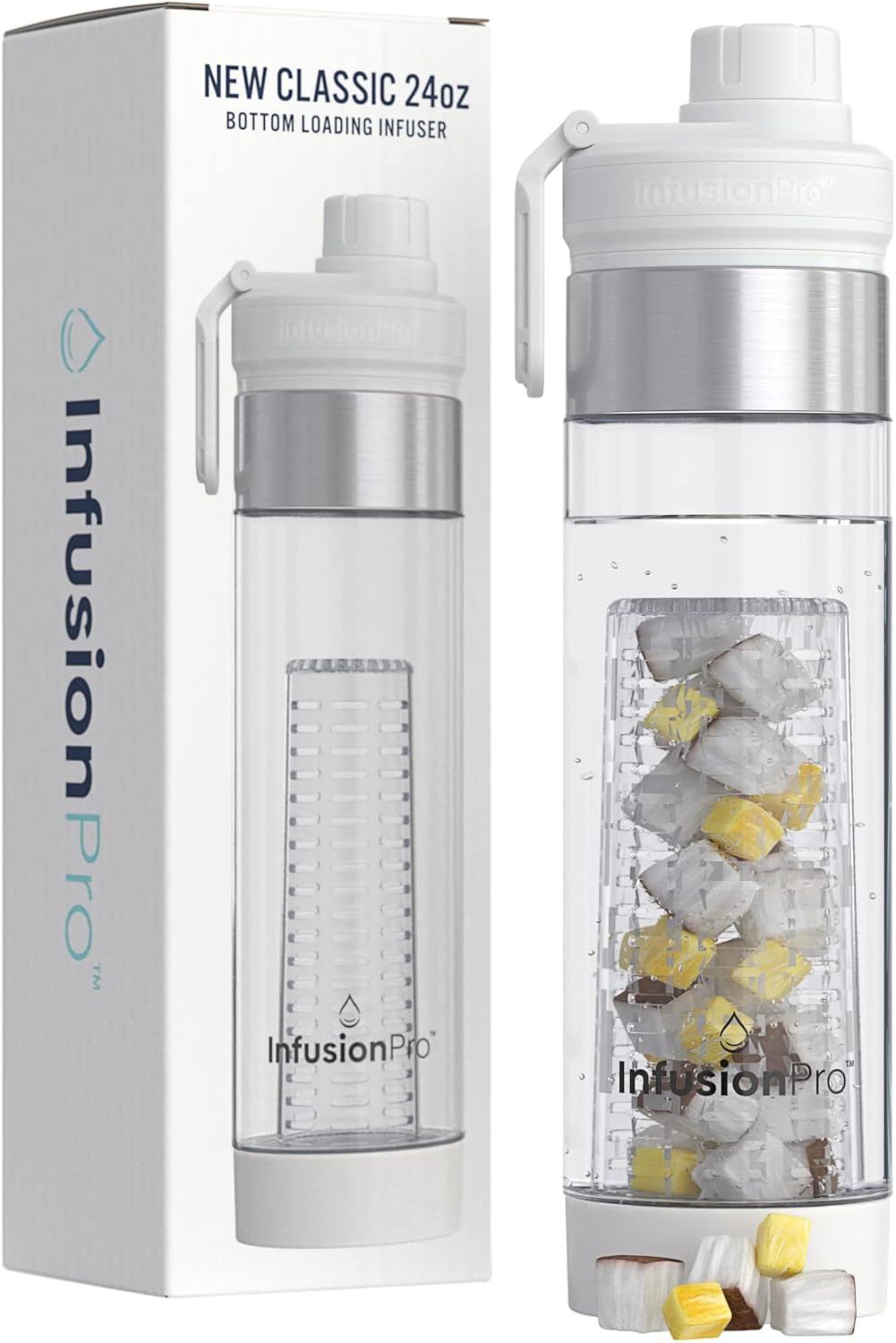 Infusion Pro 24 oz Fruit Infuser Water Bottle, 2 Pack, Flip Top Lid, Insulated Sleeve & Fruit Infused Water eBook : Bottom Loading Infuser