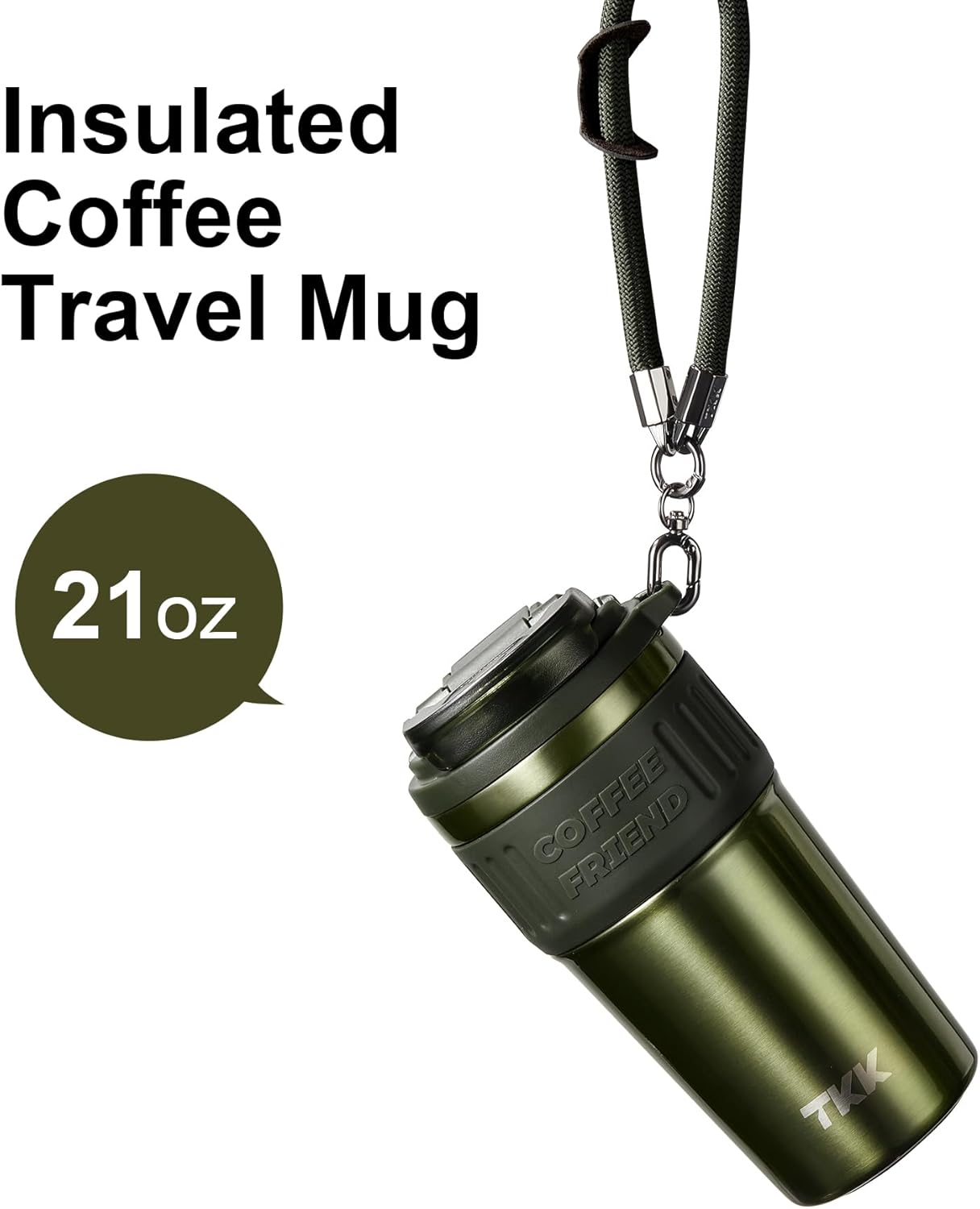 TKK Insulated Coffee Mug with Ceramic Coating, 21oz Iced Coffee Tumbler Cup with Straw Lid Double Wall Vacuum Leak Proof Travel Mug with Strap for Hot and Iced Beverage, Tungsten Steel