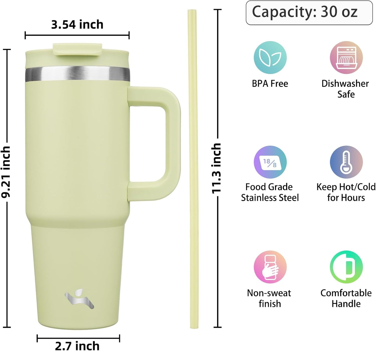 Konokyo 30 oz Tumbler with Handle and 2 Straws,2 in 1 Lid Insulated Water Bottle Stainless Steel Travel Coffee Mug,Sky
