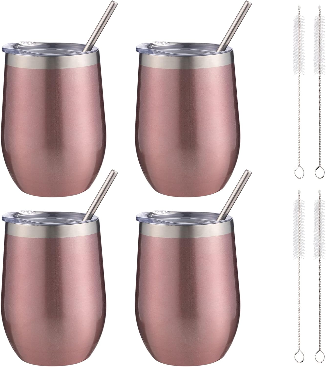12 oz Insulated Wine Tumbler with Lid and Straw,Stainless Steel Stemless Wine Tumbler Glasses Double Wall Vacuum Wine Cups Tumbler for Coffee,Champaign,Cocktail,Office（Silver,1）