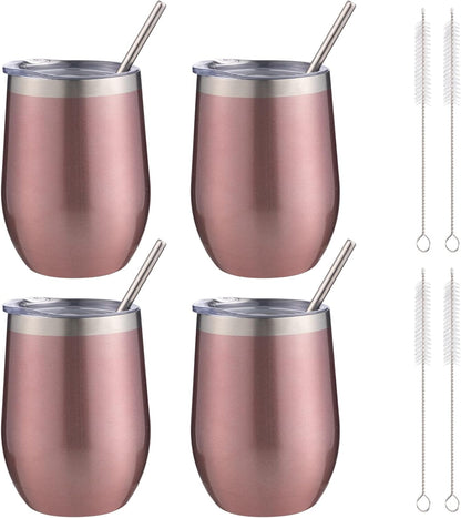 12 oz Insulated Wine Tumbler with Lid and Straw,Stainless Steel Stemless Wine Tumbler Glasses Double Wall Vacuum Wine Cups Tumbler for Coffee,Champaign,Cocktail,Office（Silver,1）