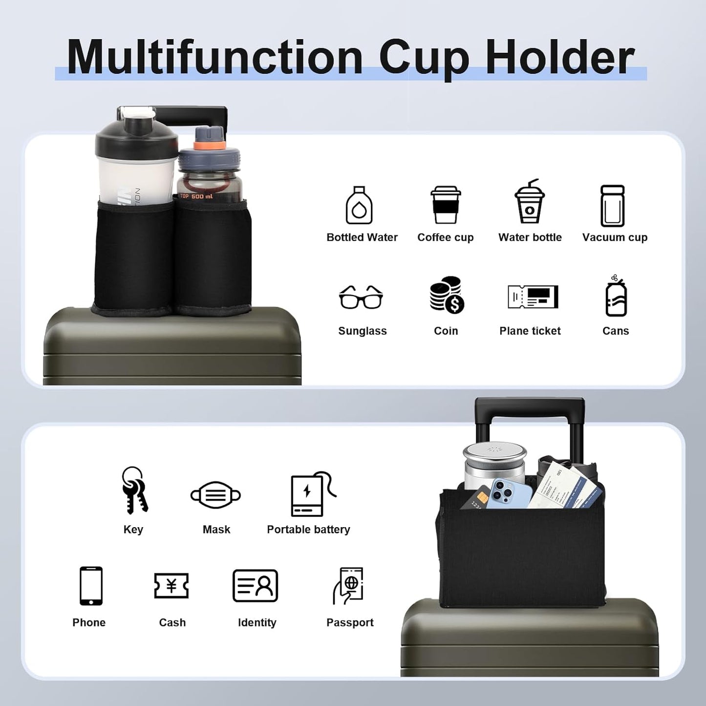 Luggage Cup Holder for Suitcases Free Hands, Travel Accessories, Luggage Cup Caddy Gifts, Beverage Holder, Universal Luggage Accessories for Flight Attendants, Business Travelers, Grey