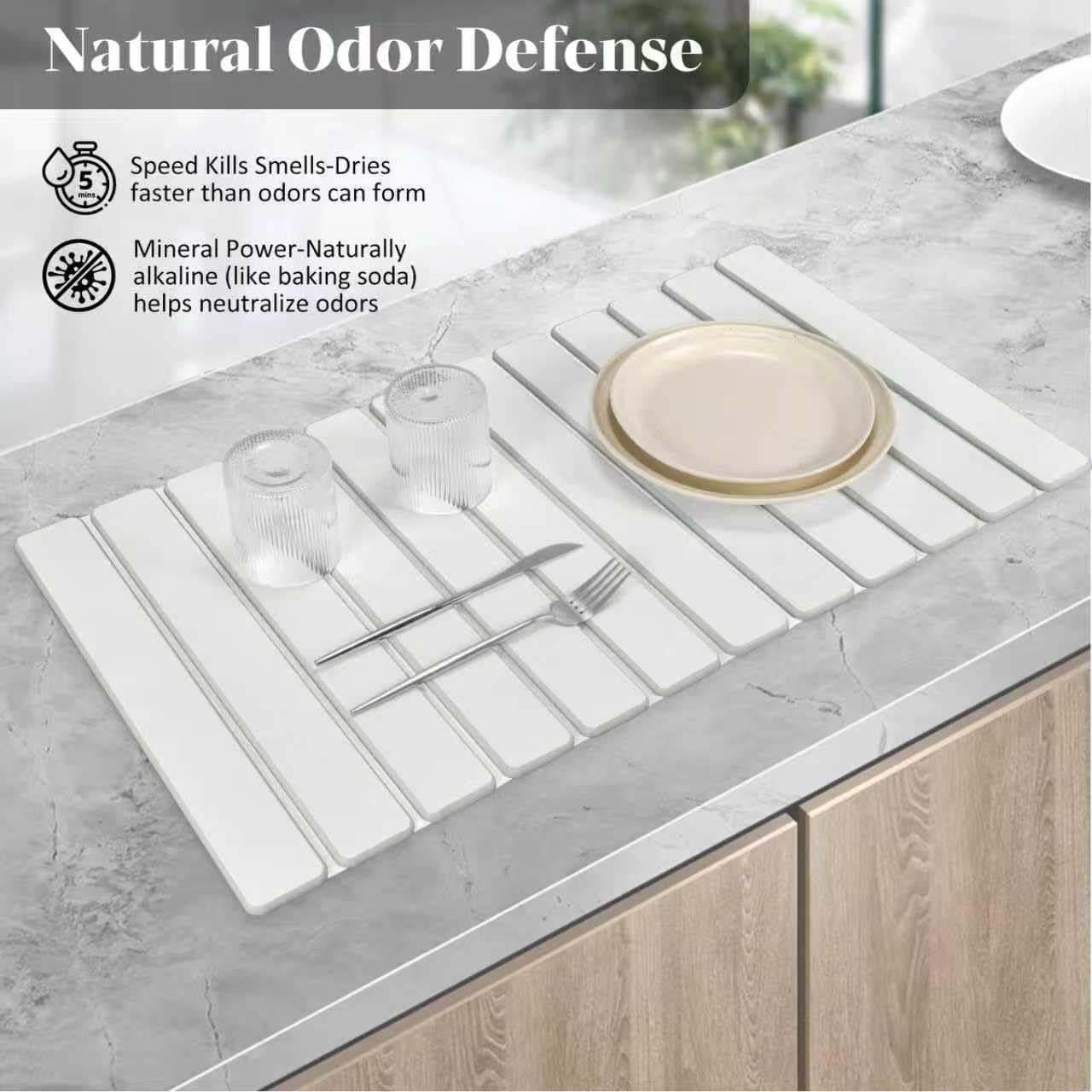 Large Stone Dish Drying Mat for Kitchen Counter – 24"(L)×16 "(W) Foldable Super Absorbent Diatomaceous Earth Dish Drying Mat, Kitchen Counter Mats for Plate Rack, Cups, Match Any Countertop - Gray