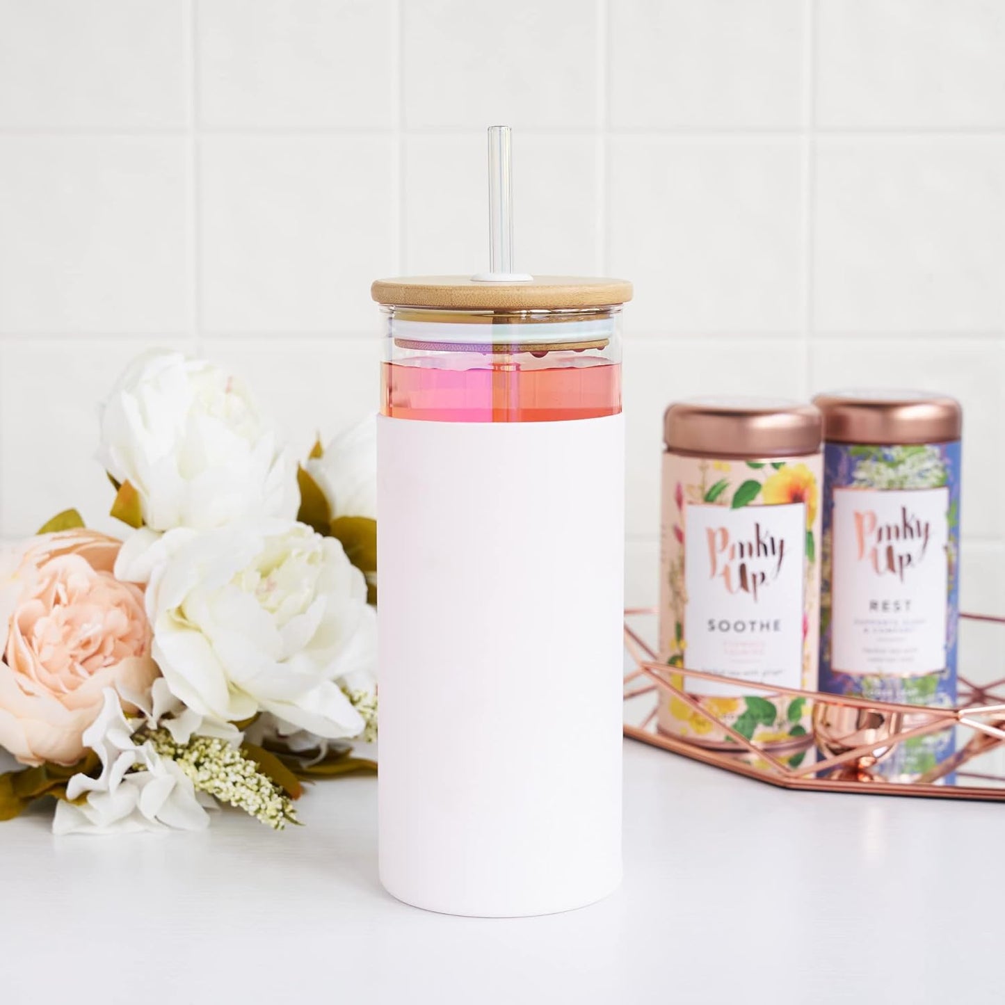 Pinky Up Blair Travel Tea Infuser Mug, Double Walled Insulated Travel Tumbler with Loose Leaf Tea Strainer, Travel Coffee Mug, Keeps Drinks Hot or Cold, 16 oz, White Leaf