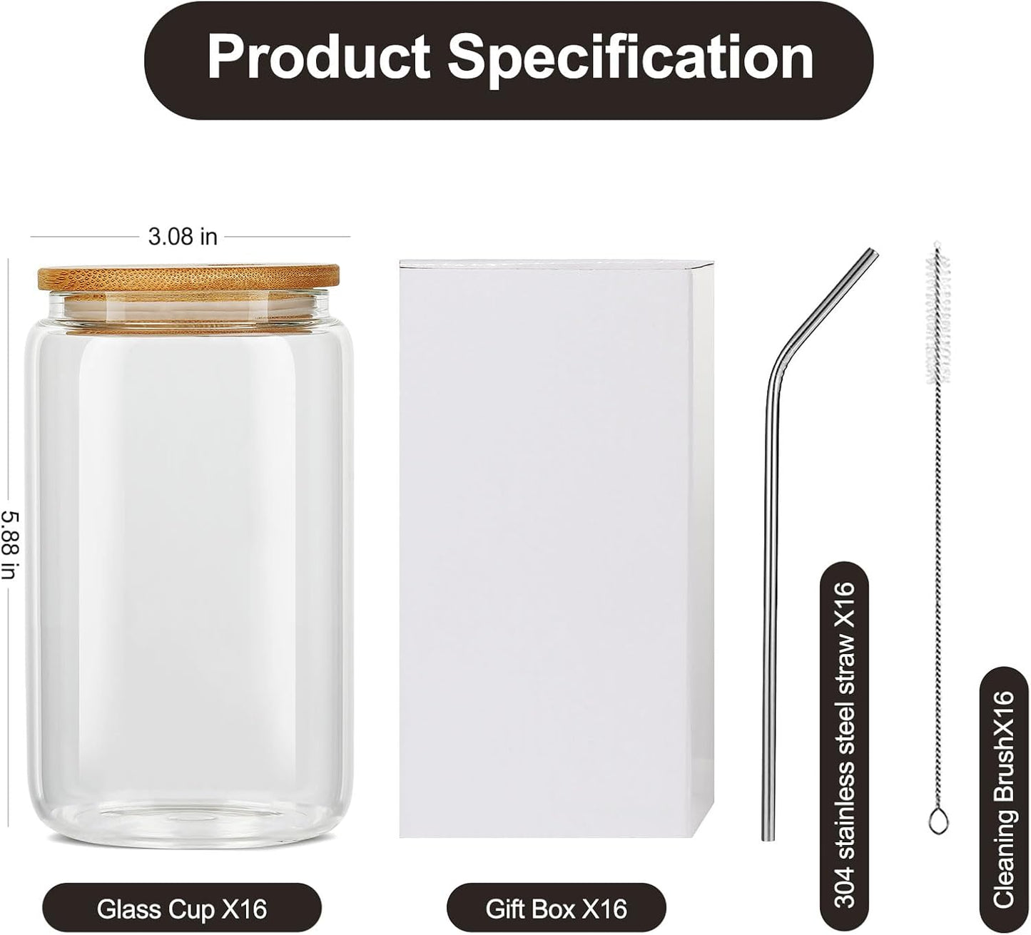 ASKIZ 16Pcs Glass Cups With Bamboo Lids and Straws,16Oz Ice Coffee Cup,Drinking Glasses Cups Set,Water Bottles Glasses for Juicing,Beer,Coffee,Soda,Tea-Glass Tumbler Reusable for Gifts