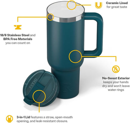 RTIC 30 oz Road Trip Tumbler Double-Walled Ceramic Lined InsulatedStainless Steel Portable Travel Coffee Mug Cup with Lid, Handle and Straw, Periwinkle Bouquet