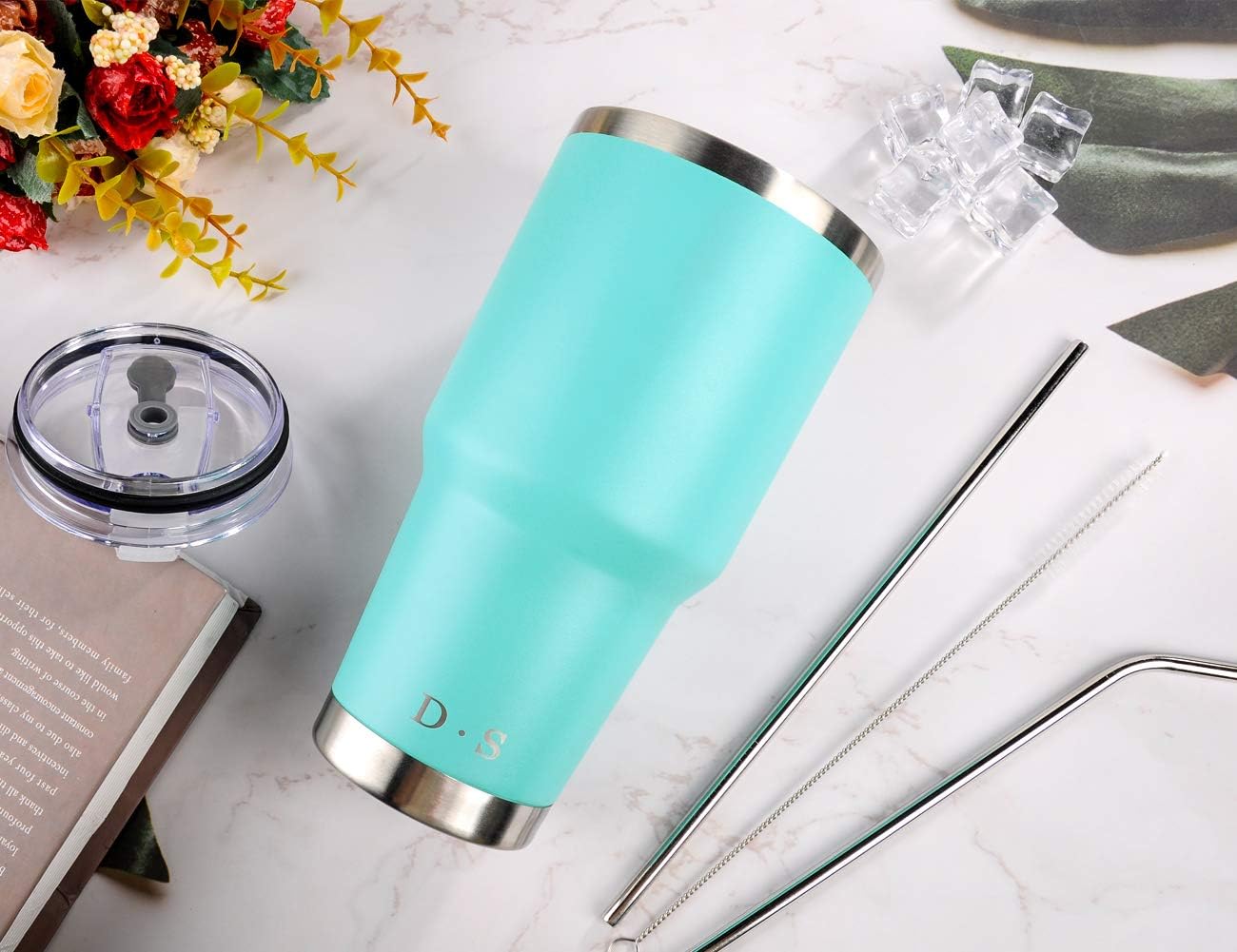 D·S 30oz Blue Tumbler Stainless Steel Double Wall Vacuum Insulated Mug with Straw and Lid, Cleaning Brush for Cold and Hot Beverages