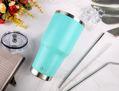 D·S 30oz Blue Tumbler Stainless Steel Double Wall Vacuum Insulated Mug with Straw and Lid, Cleaning Brush for Cold and Hot Beverages