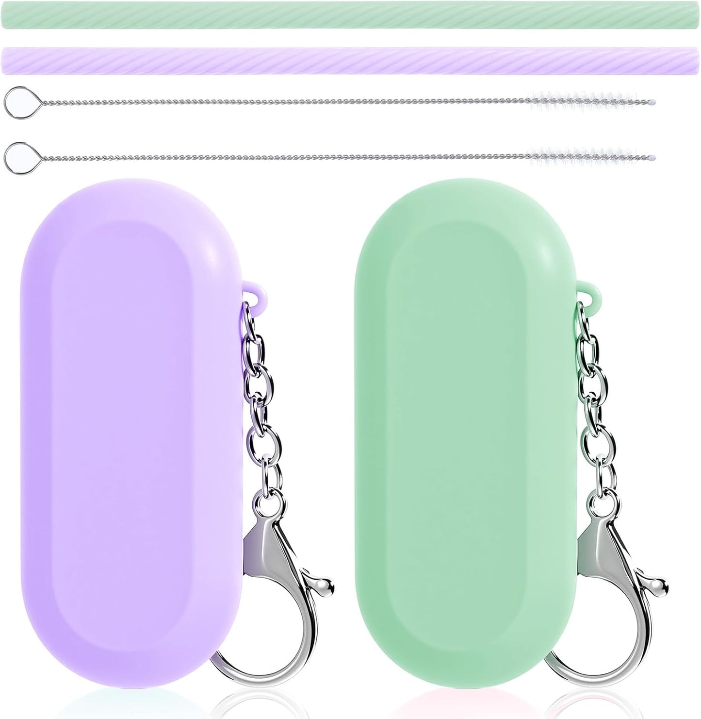 2 Set travel straws reusable with case, Portable Straw for Hot & Cold Drinks, Foldable Silicone Straws with Cleaning Brush & Keychain (Green, Purple)