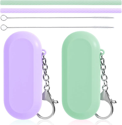 2 Set travel straws reusable with case, Portable Straw for Hot & Cold Drinks, Foldable Silicone Straws with Cleaning Brush & Keychain (Green, Purple)