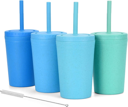 Homestockplus Reusable Wheat Straw Cups with Lids and Silicone Straws, 10 Oz Chip Resistant E-Co Friendly Small Water Cups for Milk, Drinks, Smoothies - 4 Colors
