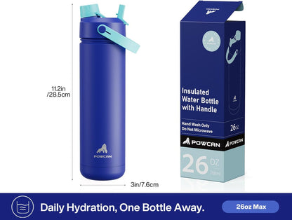POWCAN 26 oz Insulated Water Bottle with 2-in-1 Straw and Spout Lid, Keep Cold 24H, Leak-Proof, Fits in Car Cup Holder, Stainless Steel Water Bottle for Sports, Travel, and School (Mint)