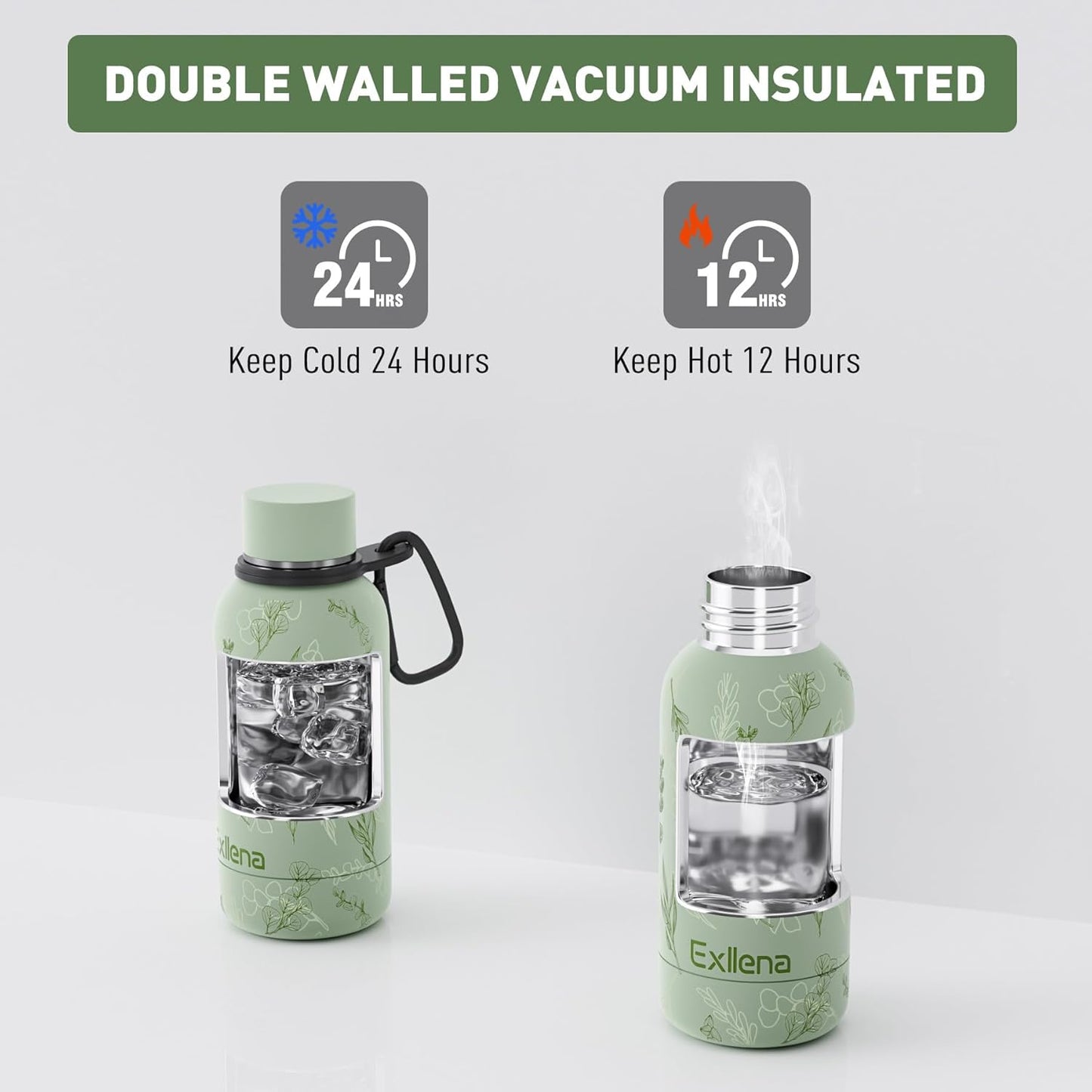Exllena Slim Insulated Water Bottles for Travel 18oz with Clip, Double Wall Vacuum Stainless Steel Water Bottle Keeps Drinks Cold 24 Hrs/Hot 12 Hrs, 100% Leakproof, BPA Free(Black)