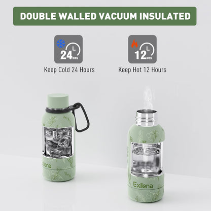 Exllena Slim Insulated Water Bottles for Travel 18oz with Clip, Double Wall Vacuum Stainless Steel Water Bottle Keeps Drinks Cold 24 Hrs/Hot 12 Hrs, 100% Leakproof, BPA Free(Black)