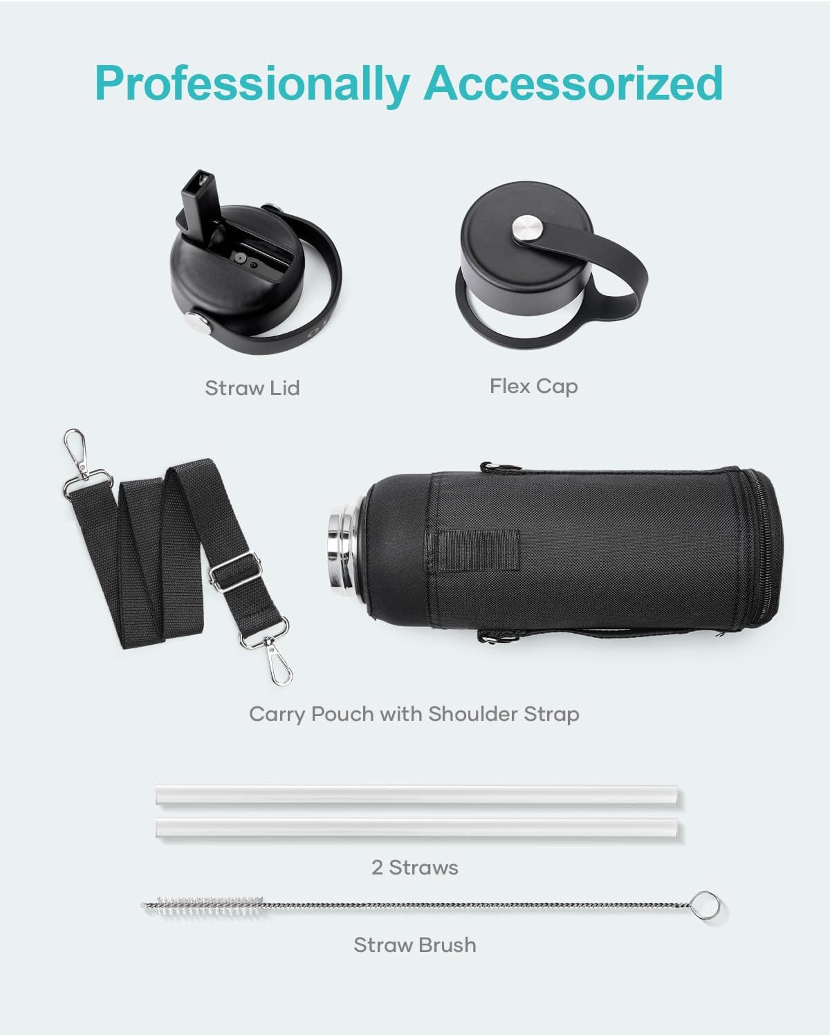 BUZIO 40oz Insulated Water Bottle, Triple Wall Vacuum Stainless Steel Water Flask with 2 lids, Lead-Free BPA-Free Straw Lid Sports Canteen Jug, Cold 48H & Hot 24H- Black - Colors A