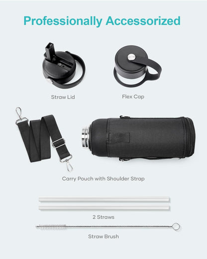 BUZIO 40oz Insulated Water Bottle, Triple Wall Vacuum Stainless Steel Water Flask with 2 lids, Lead-Free BPA-Free Straw Lid Sports Canteen Jug, Cold 48H & Hot 24H- Black - Colors A