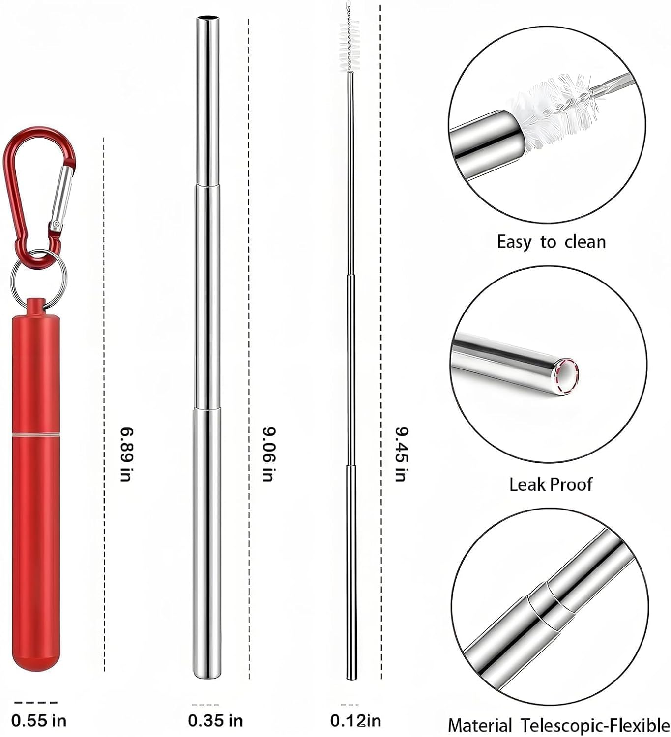 Collapsible Stainless Steel Drinking Straws with Aluminum Case, Cleaning Brush, and Keychains（Black+Silver）