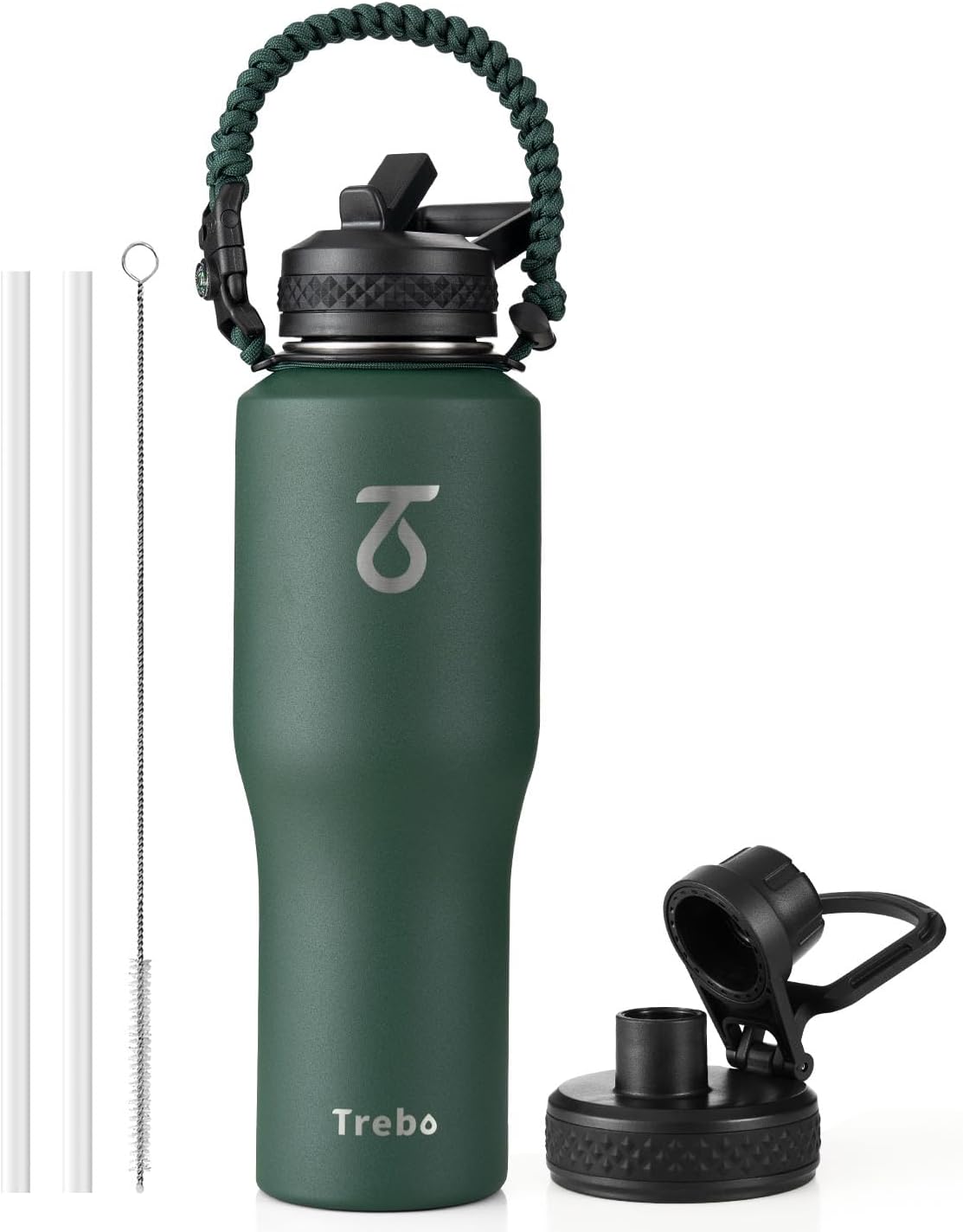 Trebo 40 oz Water Bottle Insulated Fit Car Cup Holder with Handle, Stainless Steel Water Bottles Tumbler with Spout Straw Lids, Double Wall Travel Reusable Flask, Leakproof Mug,Keep Cold &Hot,Black