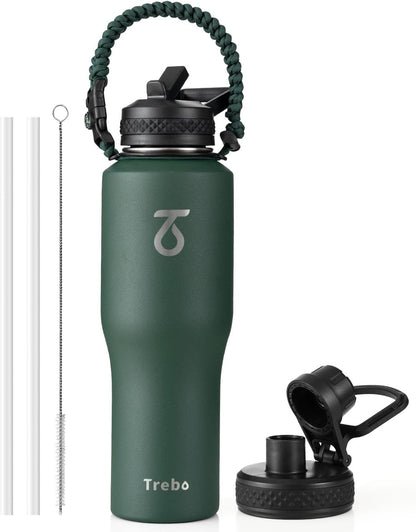 Trebo 40 oz Water Bottle Insulated Fit Car Cup Holder with Handle, Stainless Steel Water Bottles Tumbler with Spout Straw Lids, Double Wall Travel Reusable Flask, Leakproof Mug,Keep Cold &Hot,Black