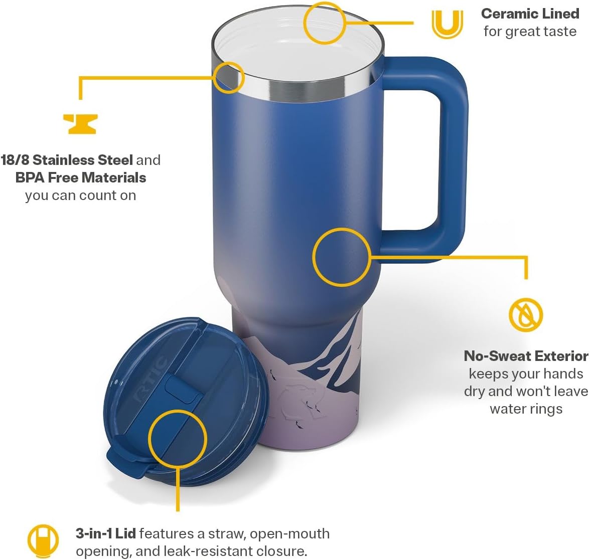 RTIC 30 oz Road Trip Tumbler Double-Walled Ceramic Lined InsulatedStainless Steel Portable Travel Coffee Mug Cup with Lid, Handle and Straw, Periwinkle Bouquet