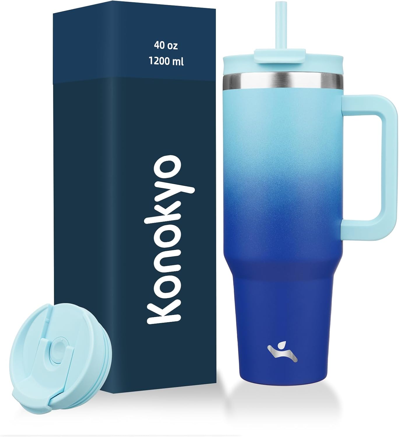 Konokyo 30 oz Tumbler with Handle and 2 Straws,2 in 1 Lid Insulated Water Bottle Stainless Steel Travel Coffee Mug,Sky
