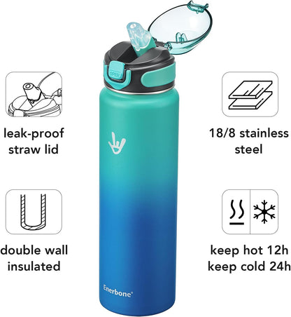 Enerbone 24 oz Insulated Water Bottle, Stainless Steel Bottle with Carrying Strap, Double-Wall Vacuum Insulation Design, Leakproof Sports Bottle with Straw, Keep Drinks Cold or Hot for Hours