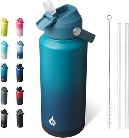 BJPKPK Insulated Water Bottle with Straw Lid, 18oz Thermo Water Bottles with Soft Nozzle, Flex Handle & Non-slip Boot, BPA Free Leak Proof Stainless Steel Metal Thermo, Tumblers, Cups,Sea Salt