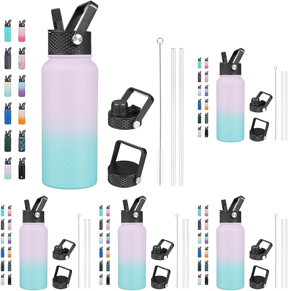 BJPKPK Insulated Water Bottles with Straw Lid, 40oz Stainless Steel Water Bottles with 3 Lids, BPA Free Leakproof Thermo, Tumblers, Cups for Sports, Gym- Midnight - Colors B