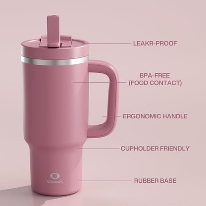 40 oz Tumbler with Handle and Straw: Stainless Steel Insulated Tumbler Keeps Cold for 24 Hours, Leakproof Travel Cup Fits in Cup Holder and BPA-Free, Cotton Candy
