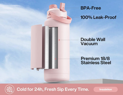 POWCAN 26 oz Insulated Water Bottle with 2-in-1 Straw and Spout Lid, Keep Cold 24H, Leak-Proof, Fits in Car Cup Holder, Stainless Steel Water Bottle for Sports, Travel, and School (Mint)