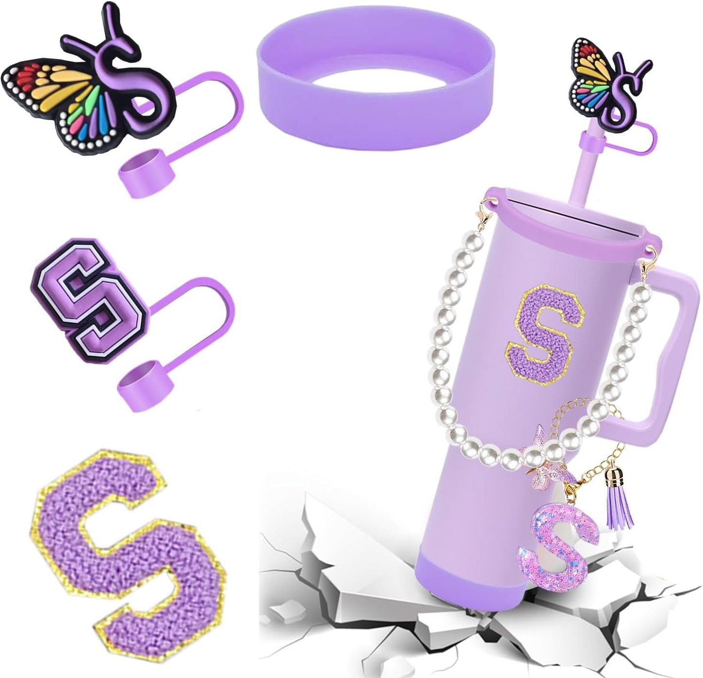 7pcs Cup Accessories for Stanley 30/40oz Tumbler, Handle Strap, Straw Cover, Silicone Boot, Letter Charm Stickers